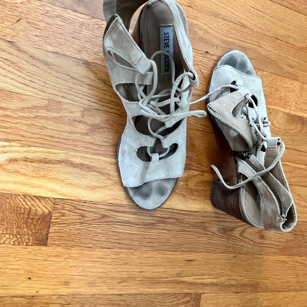 Not available: Steve Madden stacked heel soft suede lace up sandals